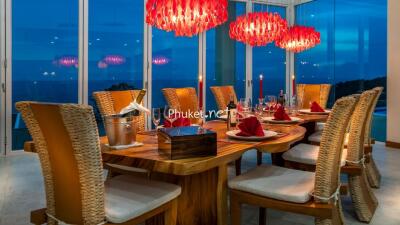 Elegant dining room with a scenic view and stylish lighting