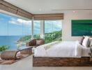 Modern bedroom with floor-to-ceiling windows and ocean view