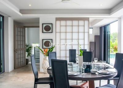 Modern dining area with a view of the pool