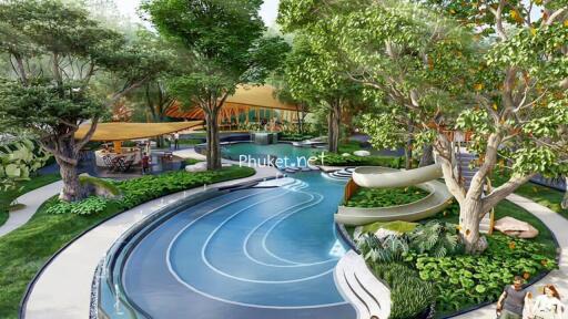 Modern outdoor recreation area with a pool, slides, and lush greenery