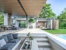 Modern outdoor living space with pool, seating area, and dining area