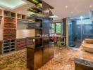 Modern bathroom with dual sinks and walk-in shower