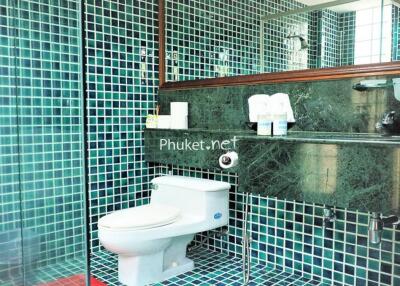 Modern bathroom with green and blue tiled walls