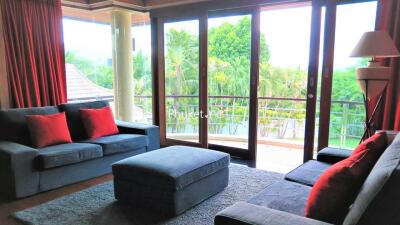 Comfortable living room with large windows and sofas