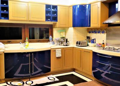 Modern kitchen with blue and wooden cabinets