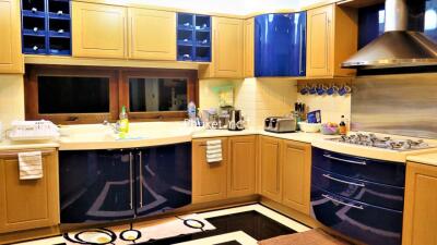 Modern kitchen with blue and wooden cabinets