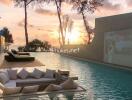 Outdoor pool area with submerged seating and sunset view