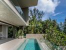 Modern luxury outdoor living area with pool and views