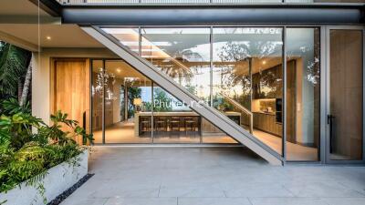 Modern dining area with large glass windows