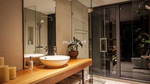 Modern bathroom with glass shower enclosure, wooden vanity, and round sink