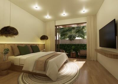 Modern bedroom with natural lighting and outdoor view
