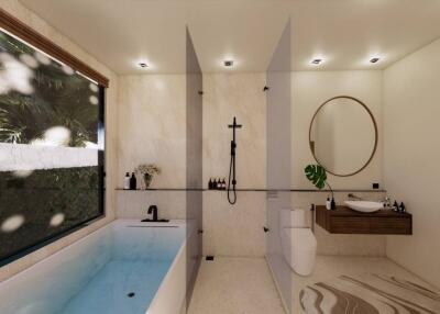 Modern bathroom with bathtub, shower, and large mirror