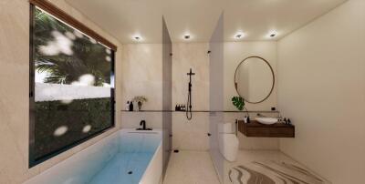 Modern bathroom with bathtub, shower, and large mirror