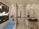 Modern bathroom with bathtub, shower, and large mirror