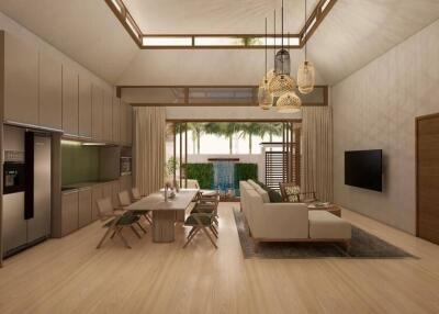 Modern open-plan main living space with high ceilings, kitchen, dining area, and lounge