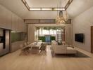 Modern open-plan main living space with high ceilings, kitchen, dining area, and lounge