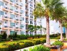 Modern apartment building with lush greenery