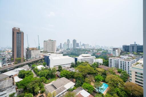 View of city skyline from a high-rise building