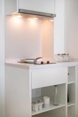 Modern kitchen with stove and shelves