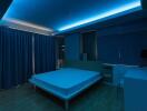 Modern bedroom with blue ambient lighting