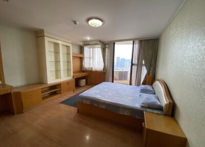 Spacious bedroom with a large window offering city views