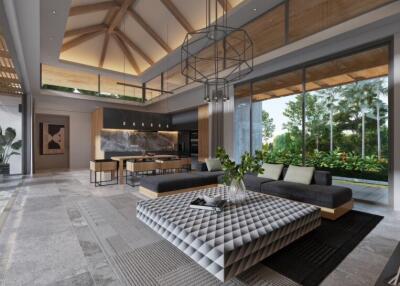 Spacious modern living room with high ceilings and large windows
