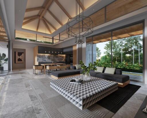 Spacious modern living room with high ceilings and large windows