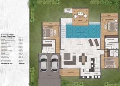Detailed floor plan of a modern house including various rooms, pool area, and outdoor setups.