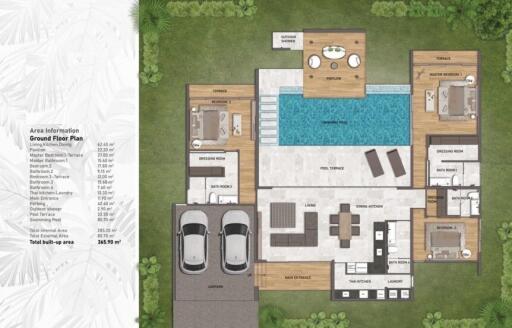 Detailed floor plan of a modern house including various rooms, pool area, and outdoor setups.