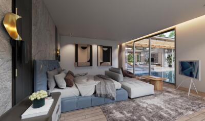 Modern bedroom with pool view