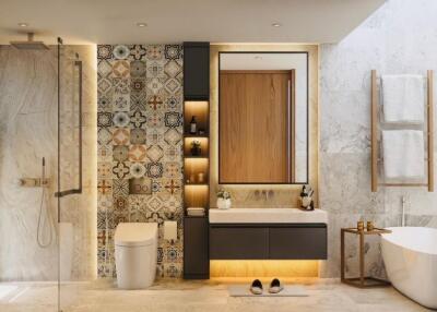 Modern bathroom with decorative wall tiles and contemporary fixtures