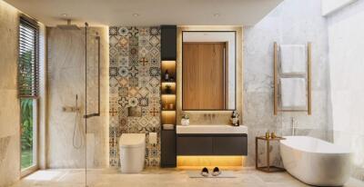 Modern bathroom with decorative wall tiles and contemporary fixtures