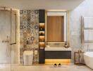 Modern bathroom with decorative wall tiles and contemporary fixtures