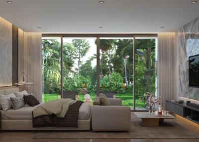 Modern living space with natural light and garden view