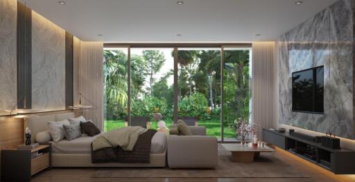 Modern living space with natural light and garden view