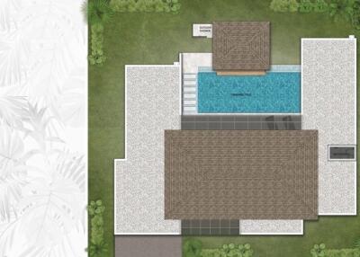 Top-down view of the property layout including house and swimming pool