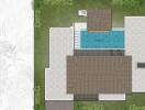 Top-down view of the property layout including house and swimming pool