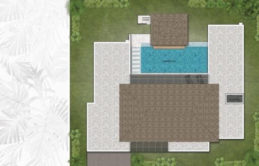 Top-down view of the property layout including house and swimming pool