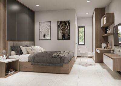 Modern bedroom with stylish decorations and contemporary furniture