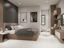 Modern bedroom with stylish decorations and contemporary furniture