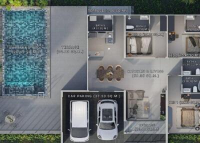 Aerial view of a modern house layout with swimming pool, terrace, car parking, living room, kitchen, and multiple bedrooms and bathrooms.