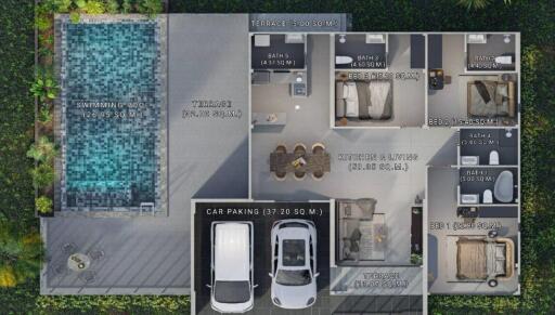 Aerial view of a modern house layout with swimming pool, terrace, car parking, living room, kitchen, and multiple bedrooms and bathrooms.