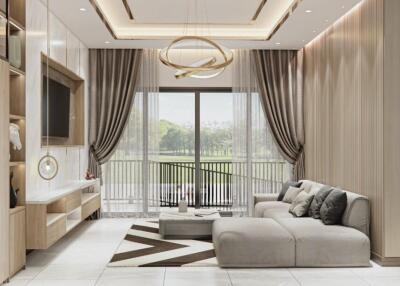 Modern living room with large window and elegant decor