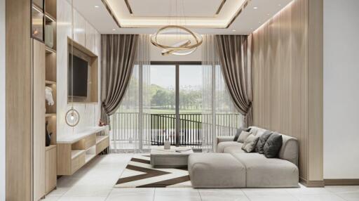 Modern living room with large window and elegant decor