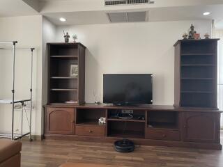 Living room with TV stand and shelving units