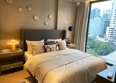 Modern bedroom with large window and city view