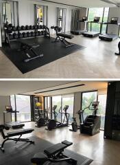 Modern home gym with exercise equipment and natural lighting