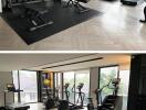 Modern home gym with exercise equipment and natural lighting