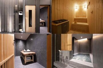 Sauna and spa area with sauna room, hot tub, and massage table