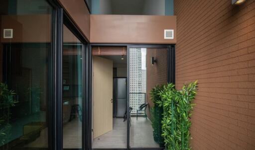 Modern building entrance with glass doors and indoor plants